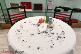 Round table cloth- Blue apricot blossom embroidery (size180 cm)